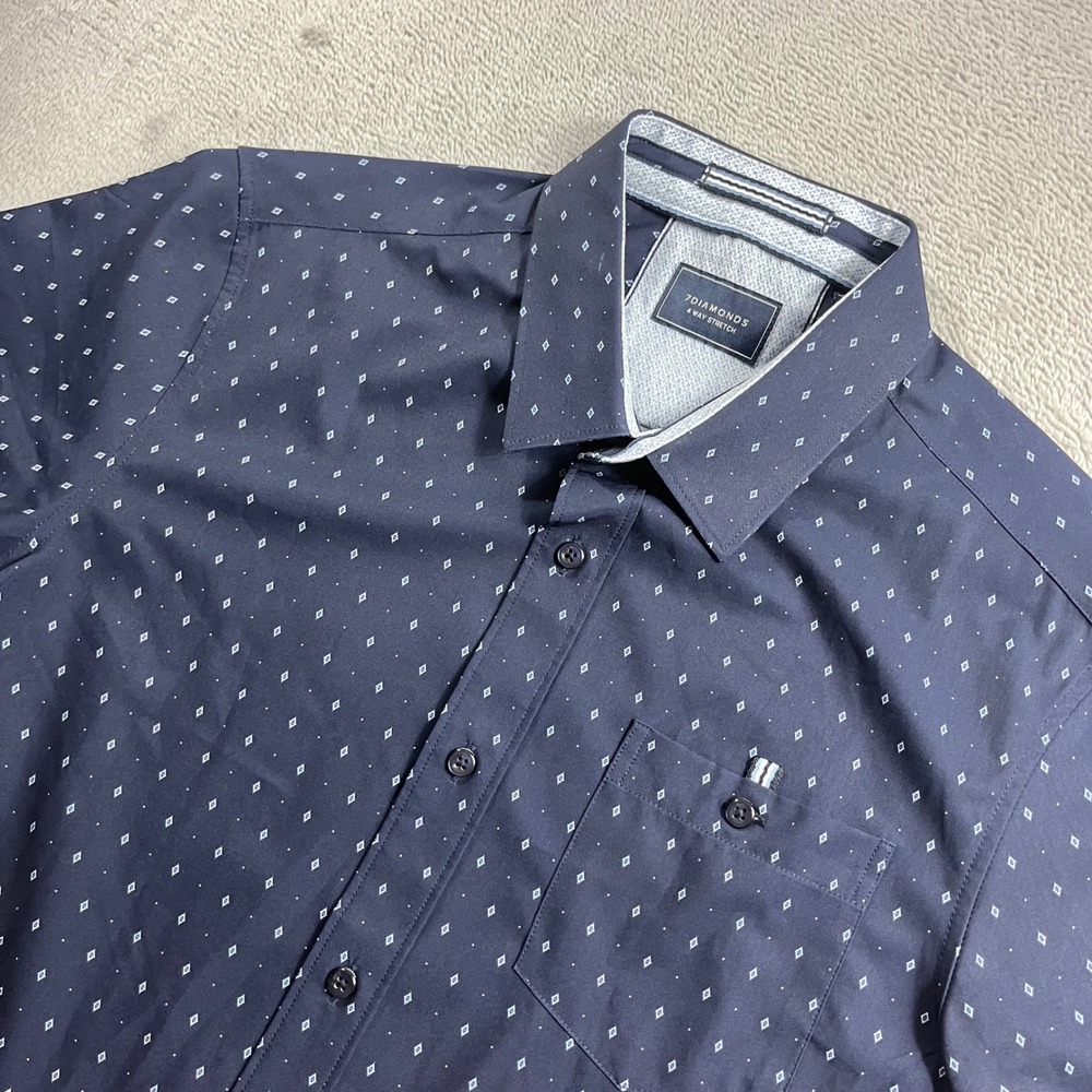 7Diamonds Mens 4 Way Stretch Short Sleeve Button Down Shirt Navy Diamond Small